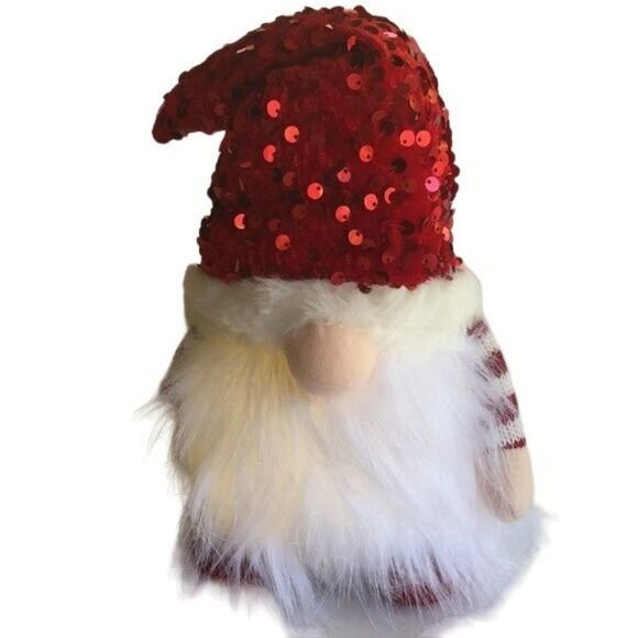 NIB Valentines Day Light Up Gnome Plush Red Sequin Hat Striped Arms - Picture 4 of 6